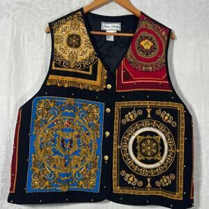 Vintage Vest Silk 1X Black Gold Studded Quilted Royal Patchwork Look Unique Art
